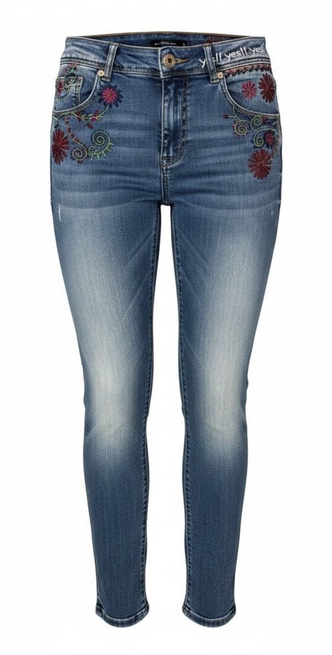 Desigual Floral Embroidered Skinny Jeans EU 28 Blue Stretch Denim Boho